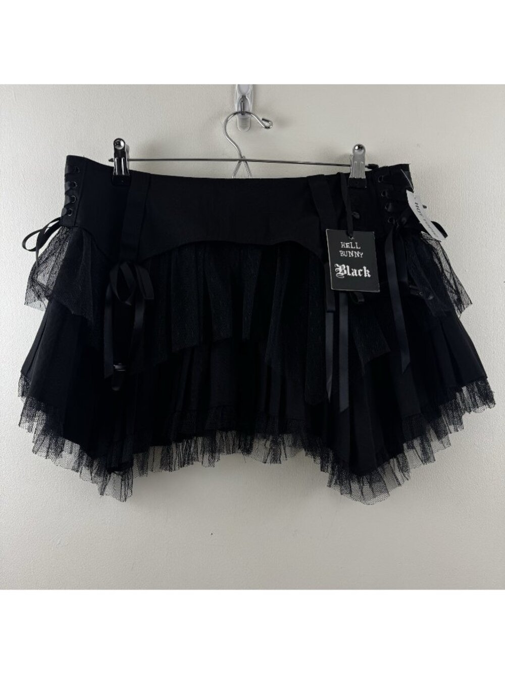 HELL BUNNY Medium Mini Skirt Goth Rave Grunge Black Lace Garter Asymmetric
